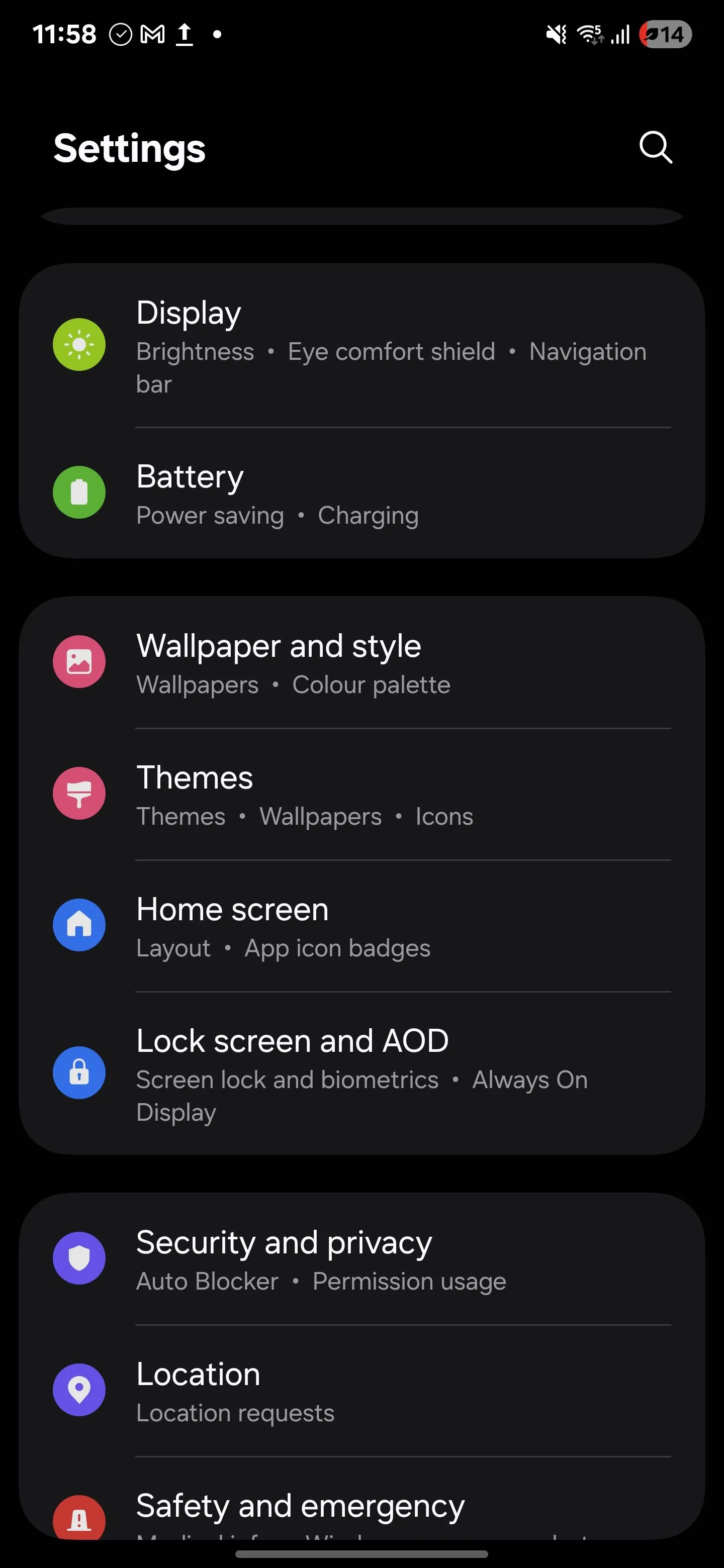 Menu Cài đặt trên điện thoại Samsung Galaxy S25 Ultra