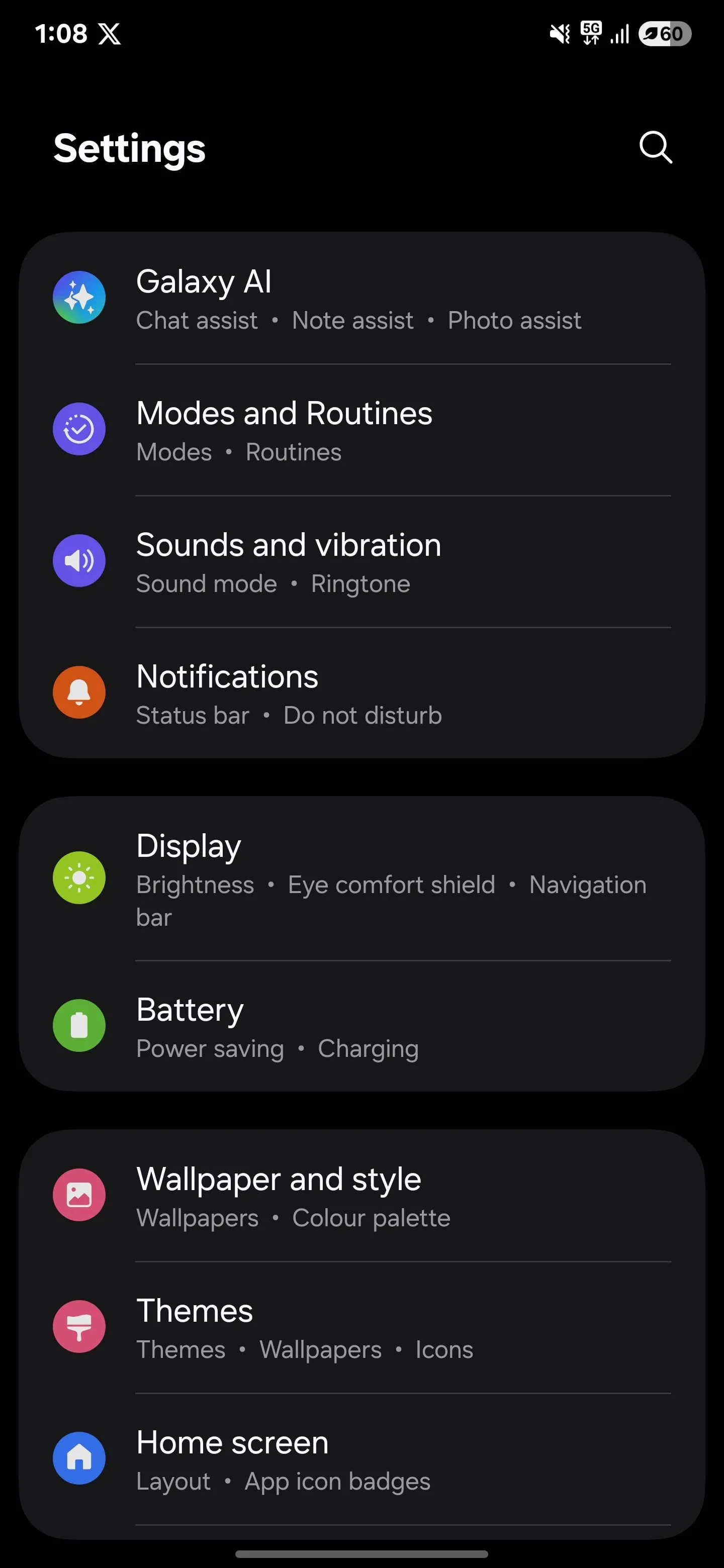 Menu cài đặt trên Samsung S25 Ultra
