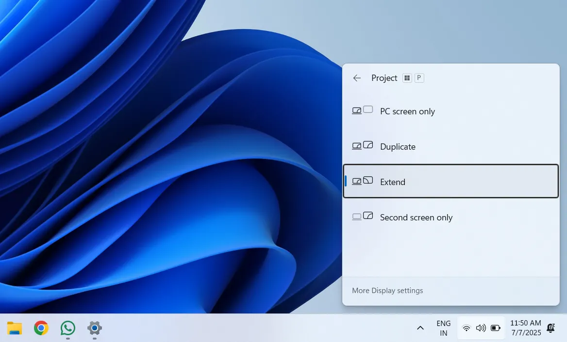 Menu cài đặt trình chiếu (Projection settings) trên Windows 11 với các tùy chọn hiển thị