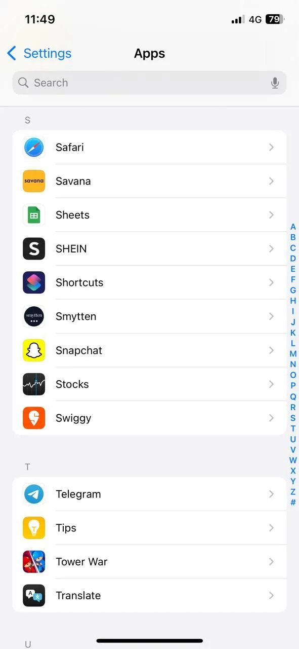 Menu Cài đặt ứng dụng trên iPhone hiển thị danh sách ứng dụng