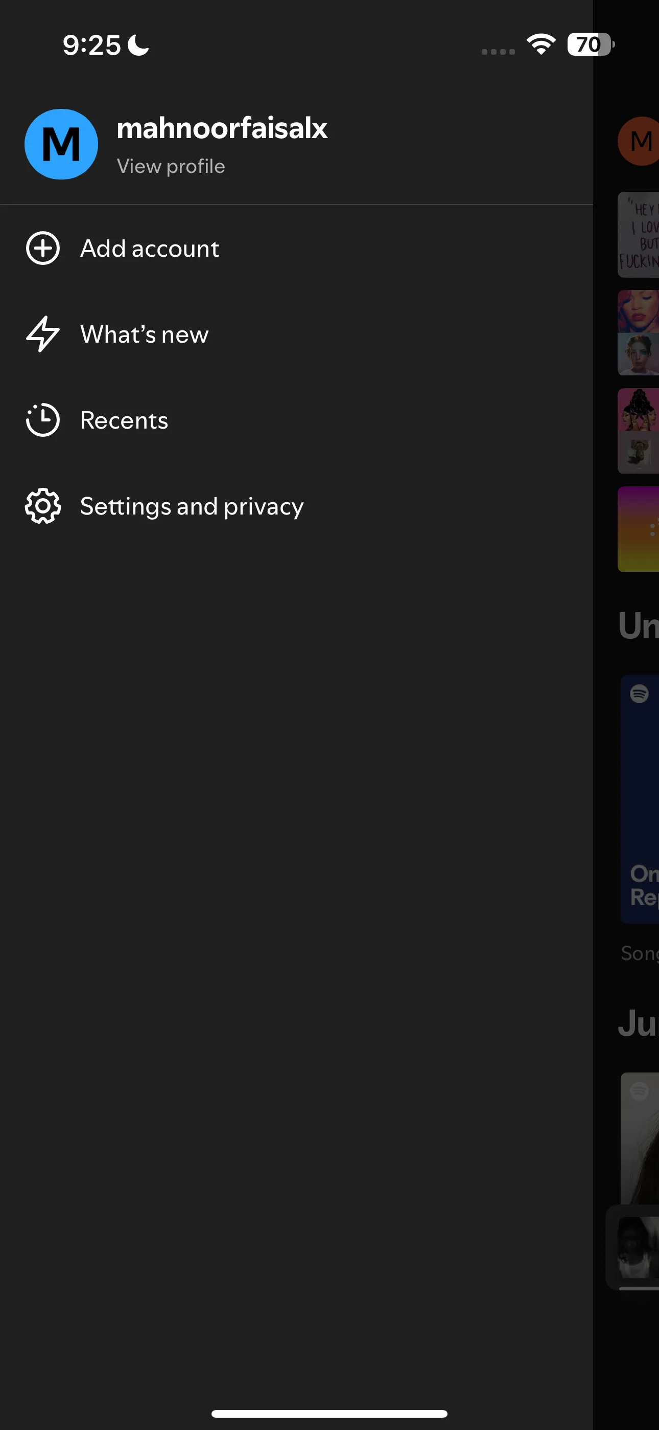 Menu Cài đặt và Quyền riêng tư của Spotify trên ứng dụng di động