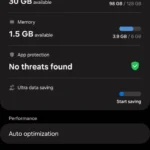 Menu Chăm sóc thiết bị (Device care) trên Samsung One UI hiển thị tùy chọn Tối ưu hóa tự động để cài đặt khởi động lại theo lịch trình.