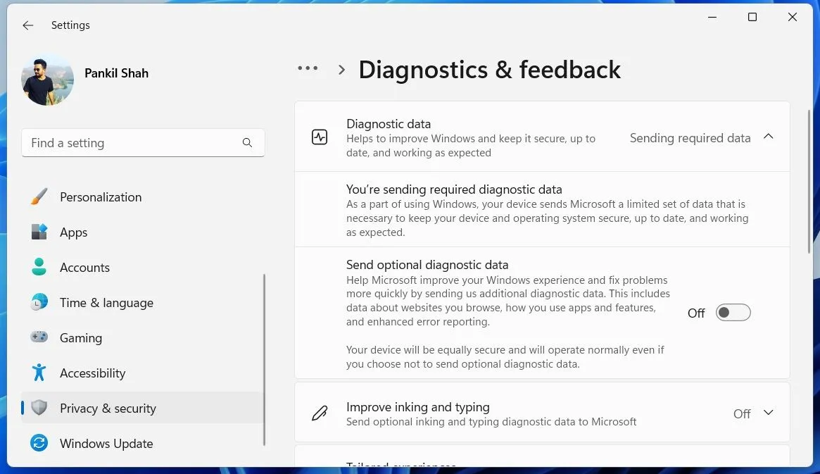 Menu Chẩn đoán &amp; phản hồi trong Cài đặt Windows 11