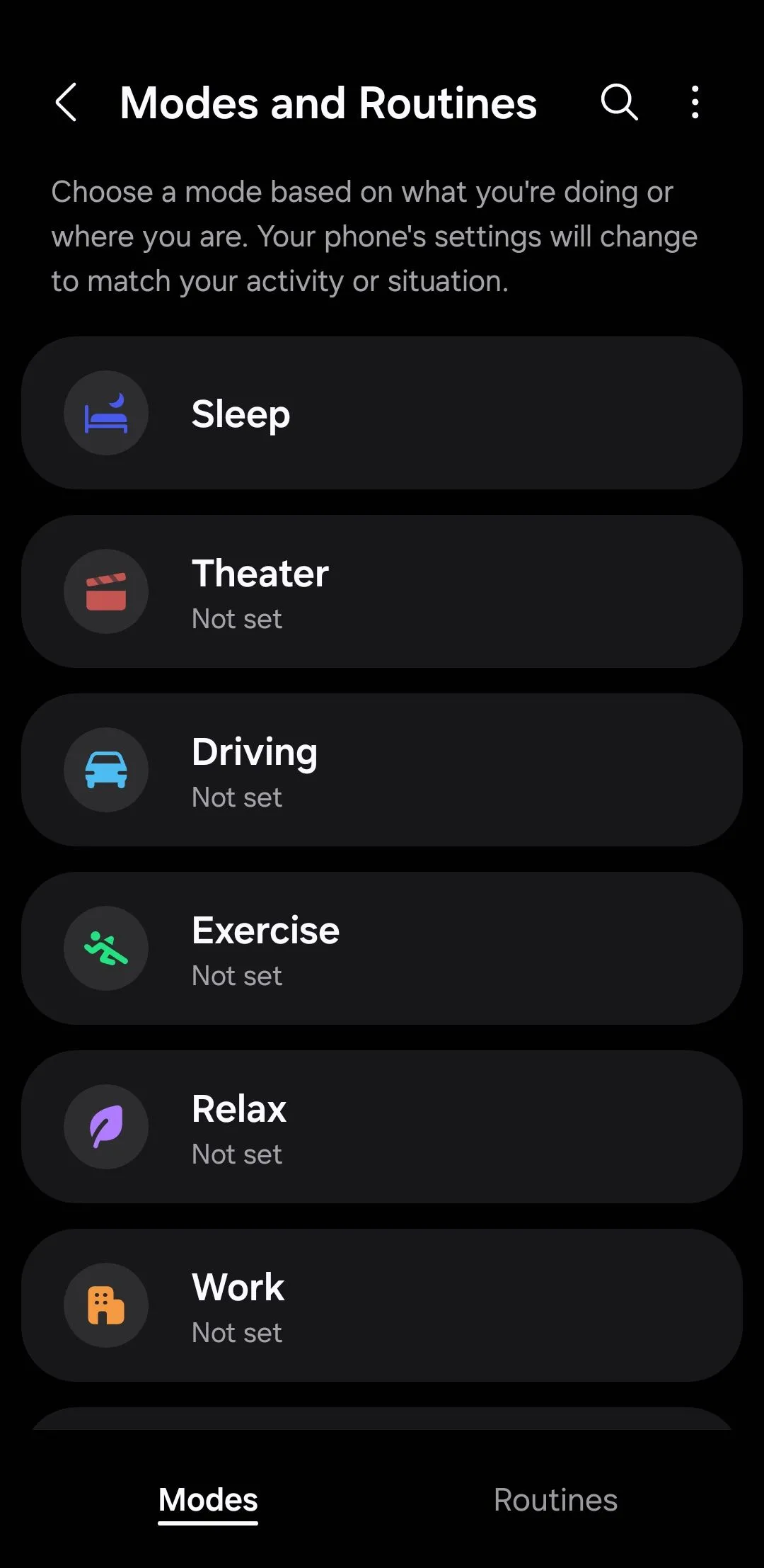 Menu Chế độ (Modes) trong cài đặt điện thoại Samsung Galaxy, giúp tự động hóa theo ngữ cảnh.