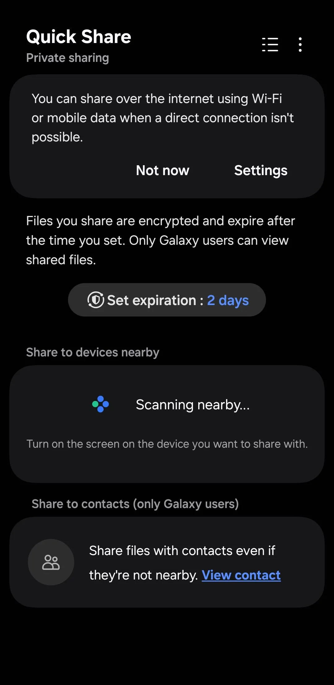 Menu chia sẻ riêng tư trên điện thoại Samsung