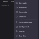 Menu chính trình duyệt Kiwi Browser trên Android hiển thị tùy chọn Tiện ích mở rộng