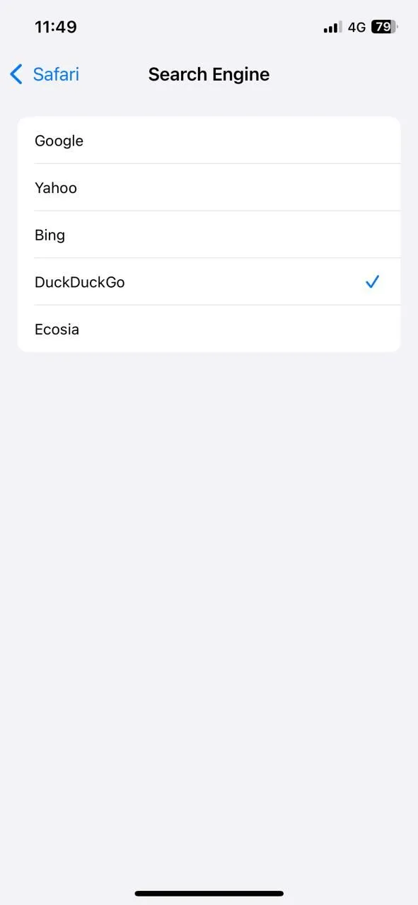 Menu chọn công cụ tìm kiếm mặc định trong Safari trên iPhone