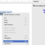 Menu chuột phải trong Microsoft Word cho thấy tùy chọn Smart Lookup đã bị vô hiệu hóa cùng thông báo ngừng hỗ trợ.