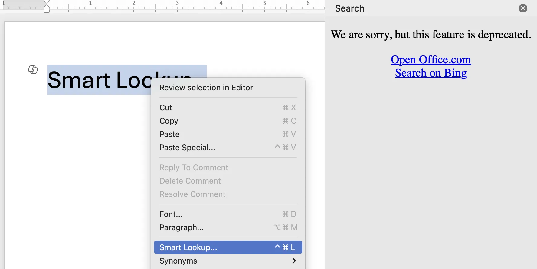 Menu chuột phải trong Microsoft Word cho thấy tùy chọn Smart Lookup đã bị vô hiệu hóa cùng thông báo ngừng hỗ trợ.