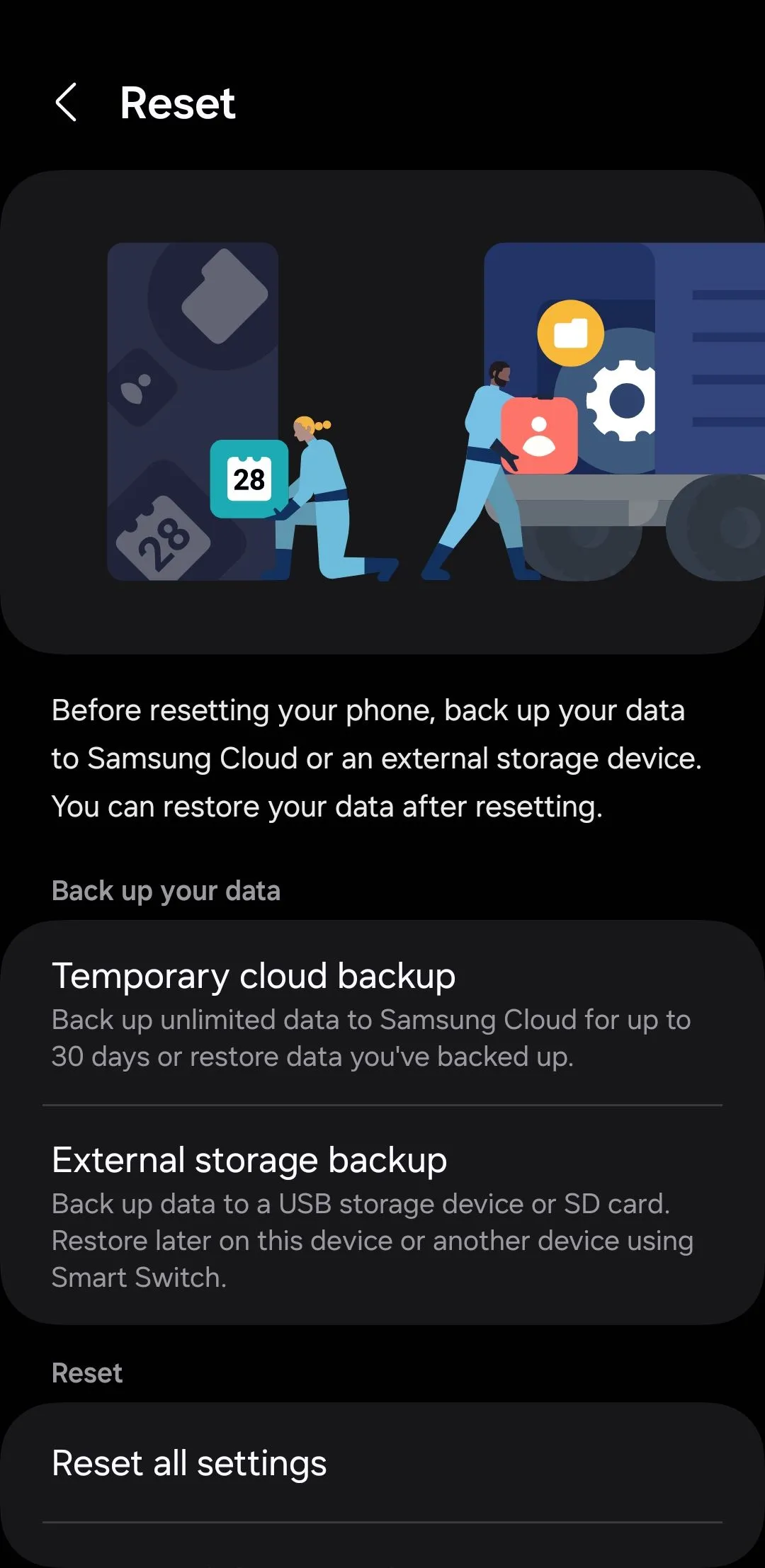 Menu đặt lại trên điện thoại Samsung