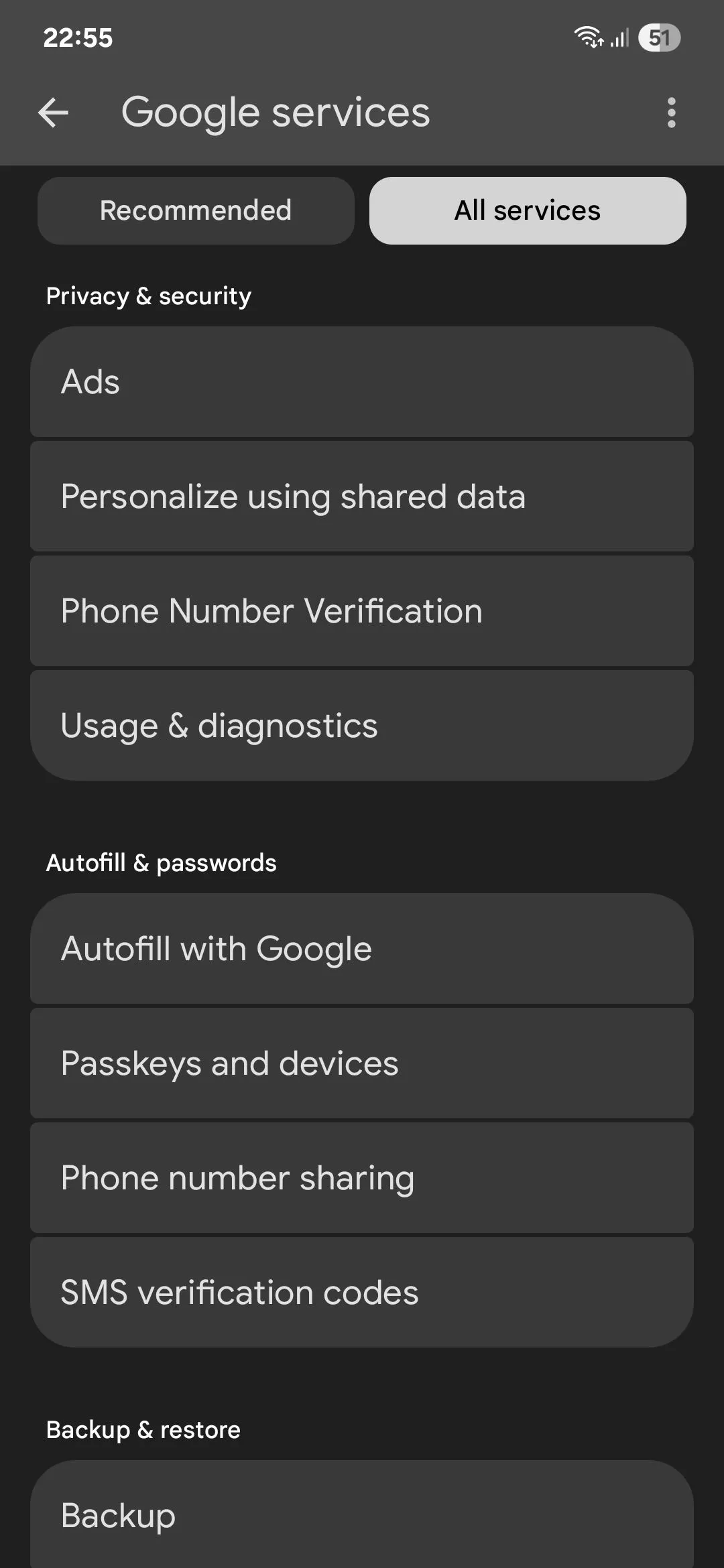 Menu dịch vụ Google trong cài đặt Android