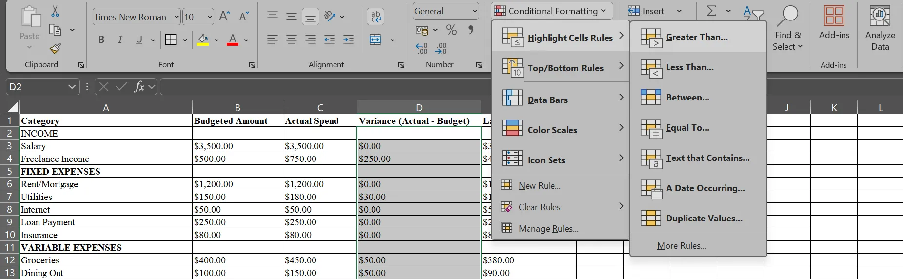 Menu Định dạng có điều kiện (Conditional Formatting) trên bảng tính ngân sách trong Microsoft Excel
