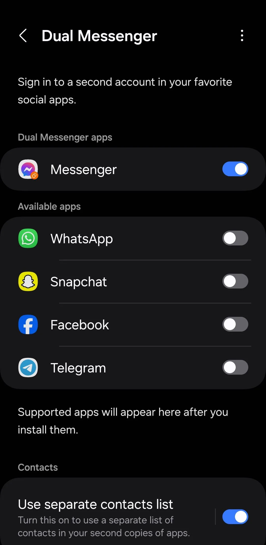 Menu Dual Messenger cho phép nhân bản ứng dụng nhắn tin trên điện thoại Samsung Galaxy.