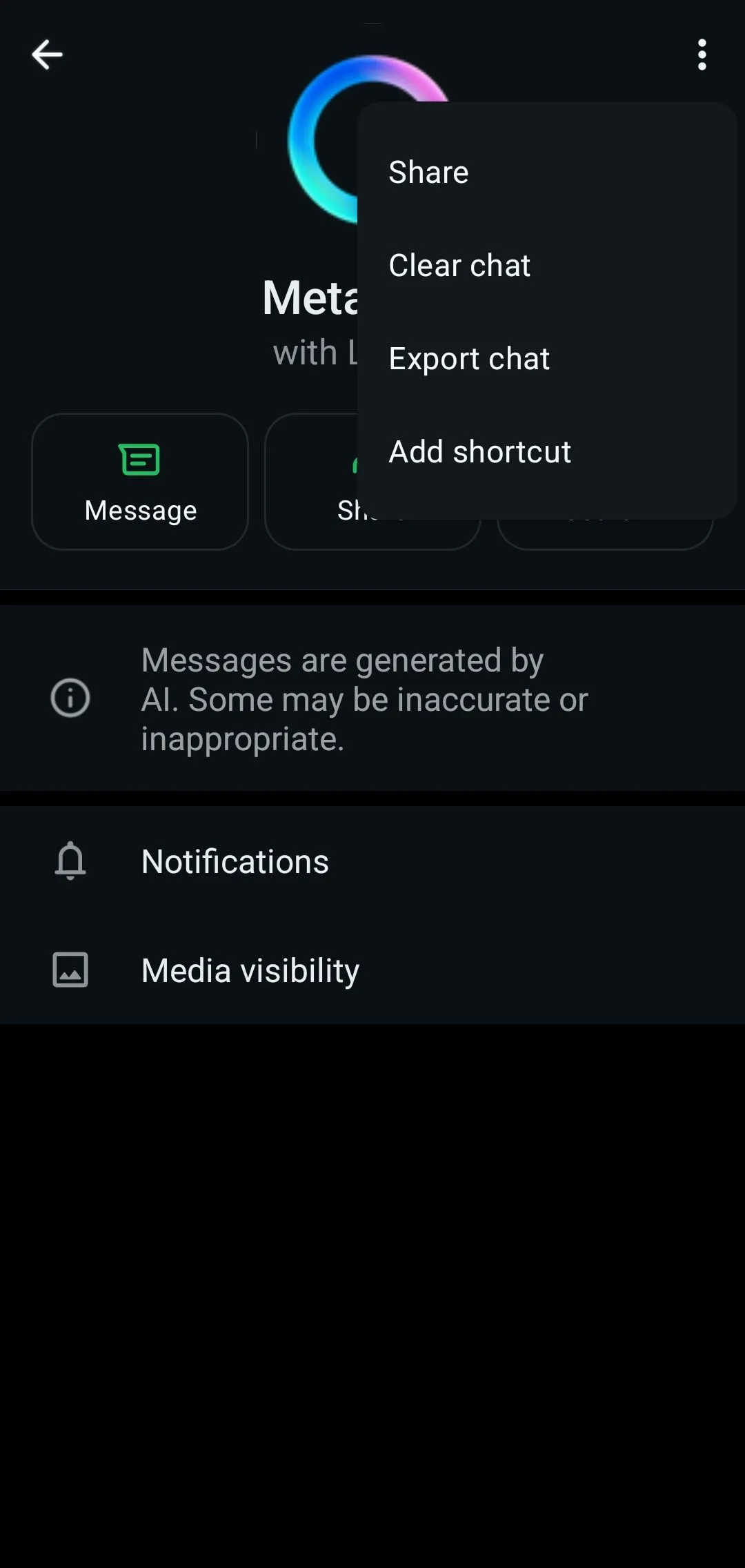Menu hồ sơ WhatsApp hiển thị tùy chọn Meta AI, cho thấy không có cách tắt tính năng.