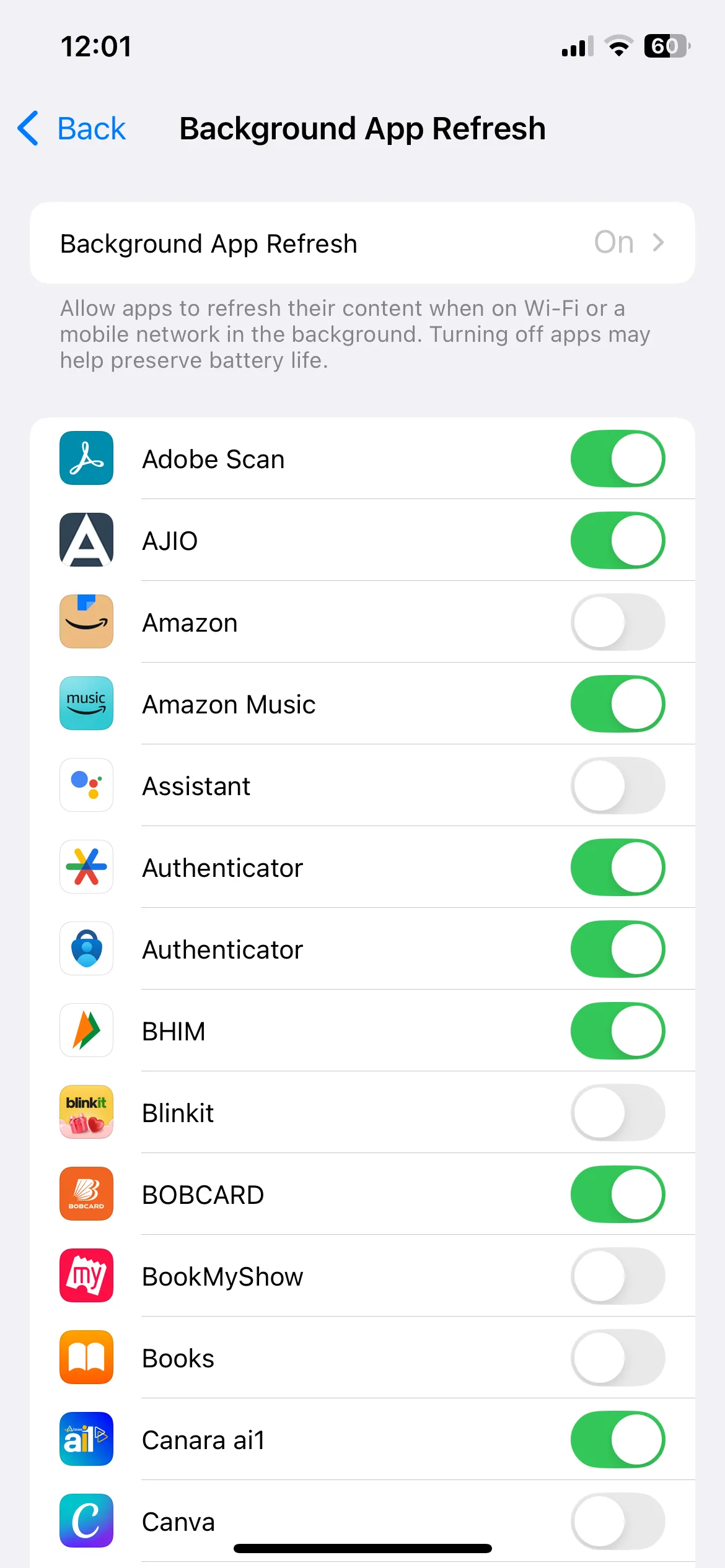Menu Làm mới ứng dụng trong nền trong cài đặt Cài đặt chung trên iPhone