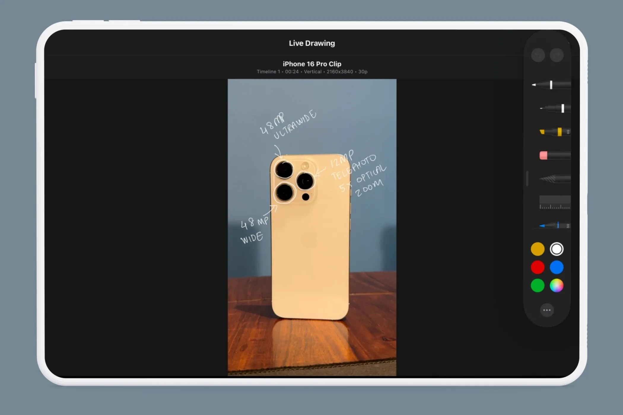 Menu Live Drawing trong Final Cut Pro trên iPad với các công cụ vẽ đa dạng