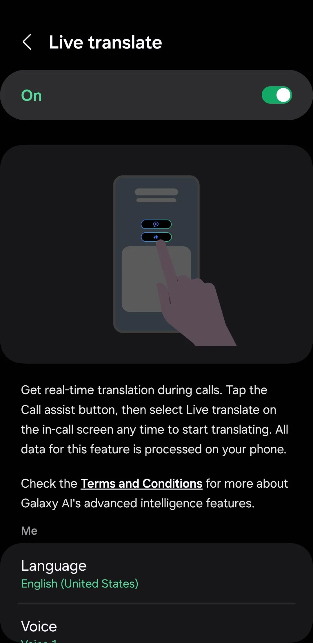 Menu Live Translate trên ứng dụng Điện thoại Samsung