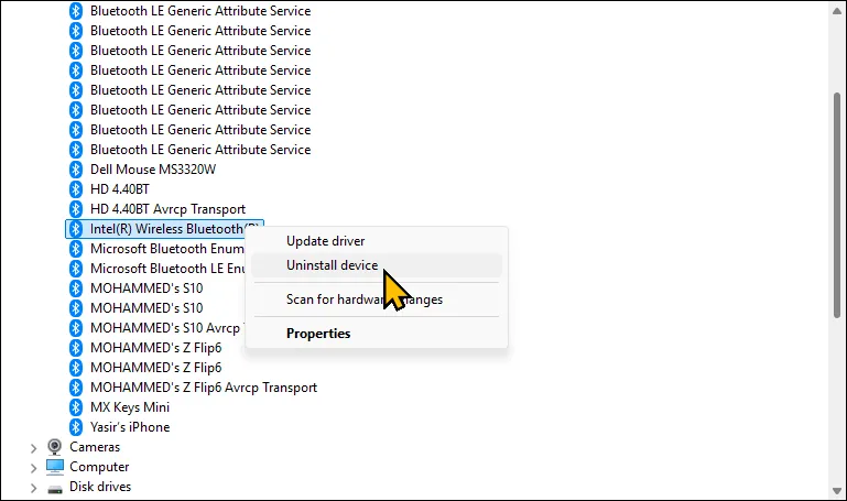 Menu ngữ cảnh của bộ điều hợp Bluetooth trên Trình quản lý thiết bị trong Windows 11