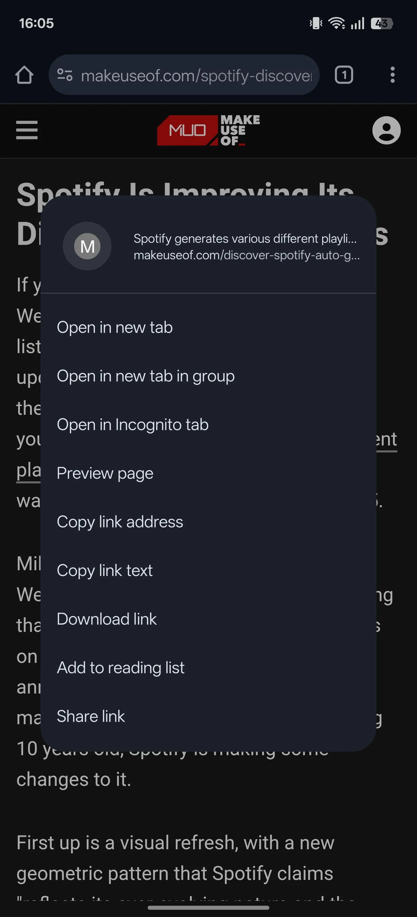 Menu ngữ cảnh khi nhấn giữ một liên kết trong Chrome Android, hiển thị tùy chọn &quot;Xem trước trang&quot;.