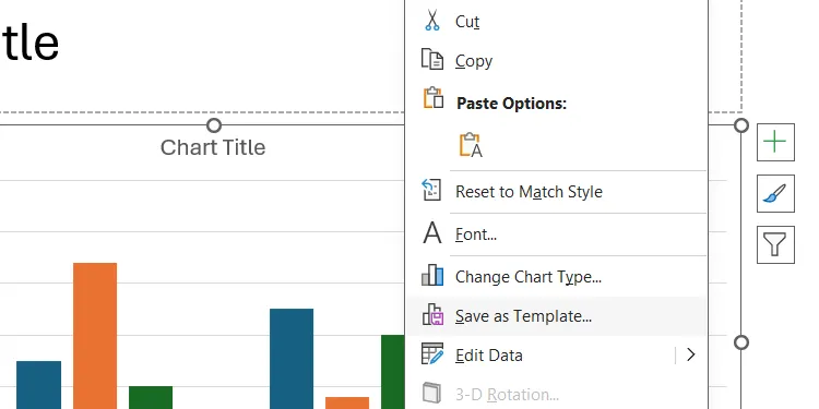 Menu ngữ cảnh khi nhấp chuột phải vào biểu đồ trong PowerPoint, hiển thị tùy chọn &quot;Save As Template&quot; (Lưu dưới dạng Mẫu).