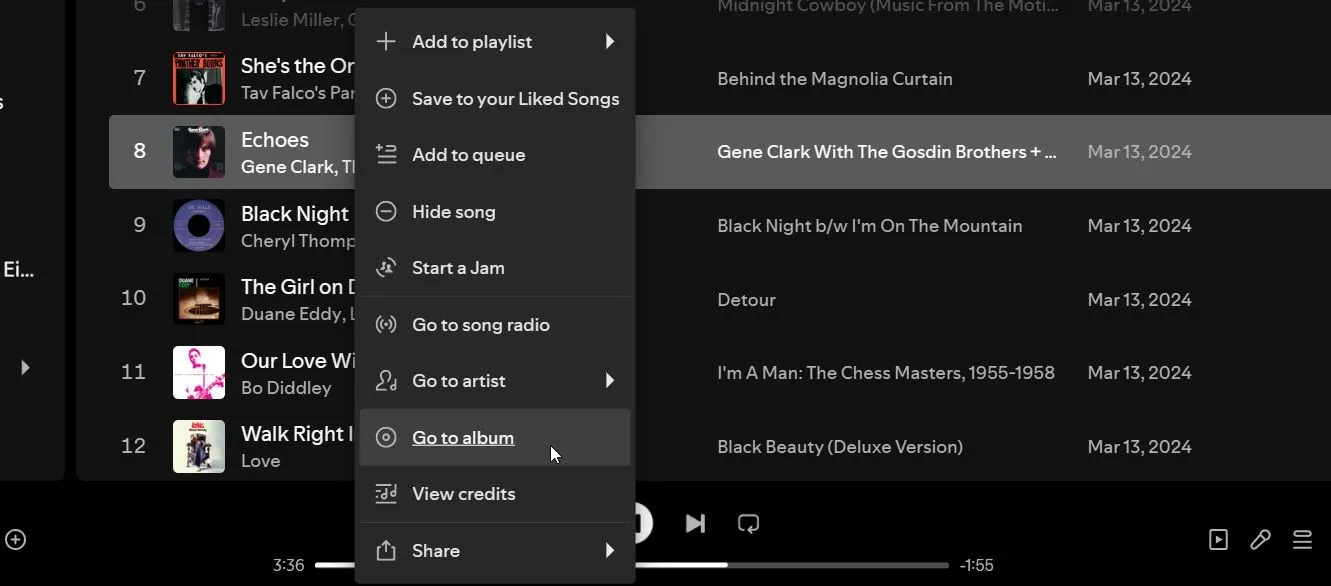 Menu ngữ cảnh Spotify với tùy chọn &quot;Đi tới album&quot;