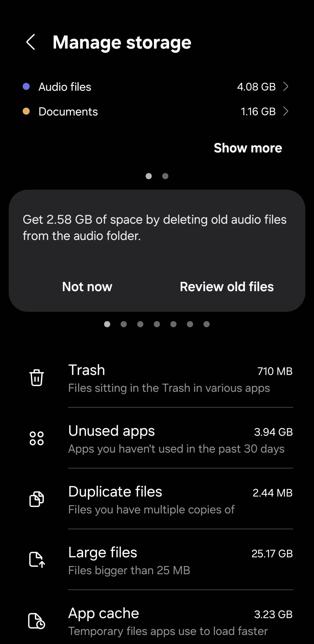 Menu quản lý bộ nhớ đệm ứng dụng trong mục Chăm sóc thiết bị trên điện thoại Samsung Galaxy.