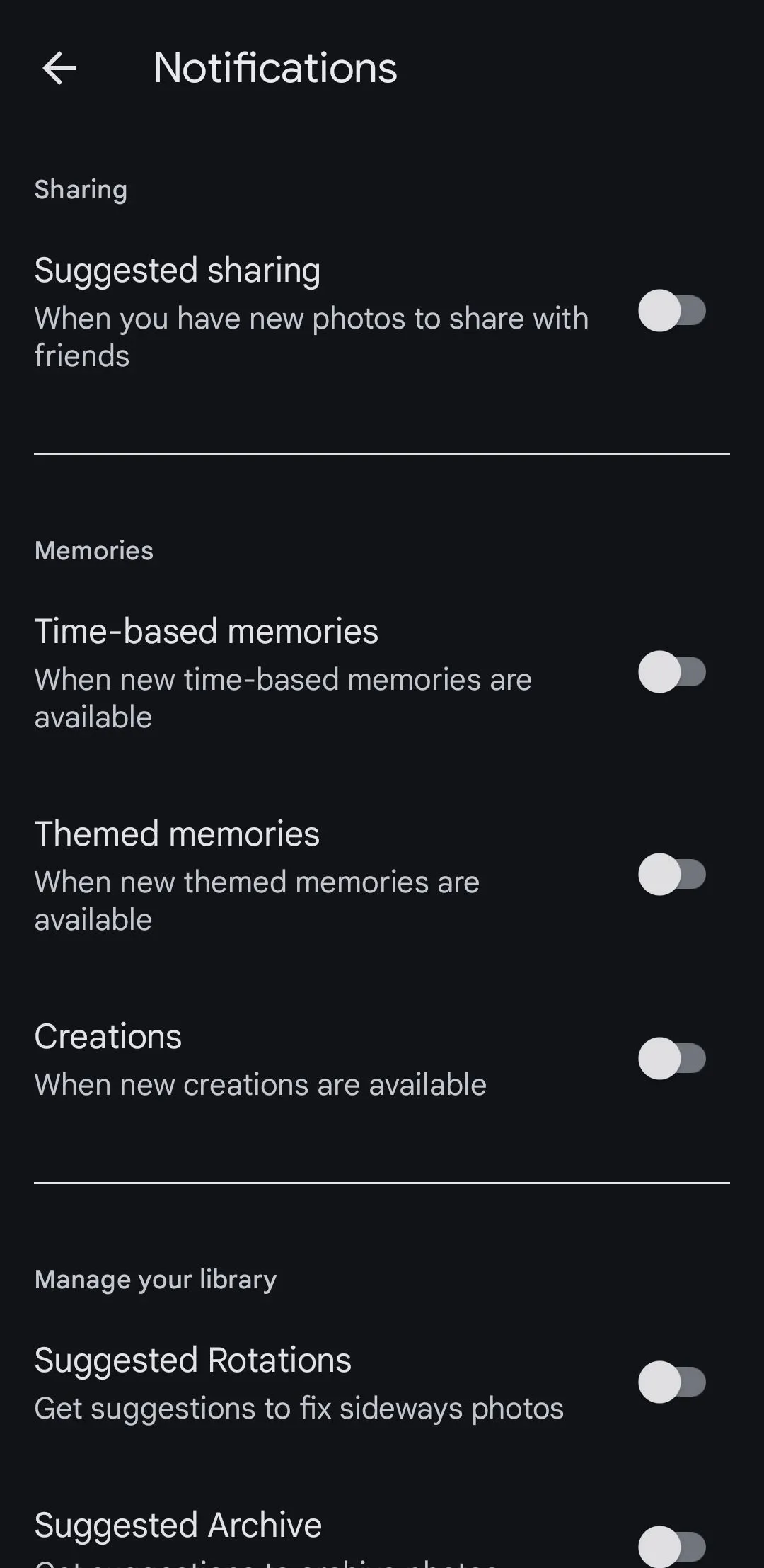 Menu quản lý cài đặt thông báo của Google Photos trên Android