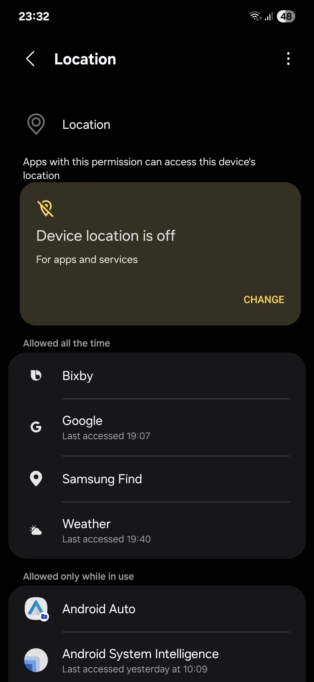 Menu quyền truy cập vị trí của ứng dụng trên Android
