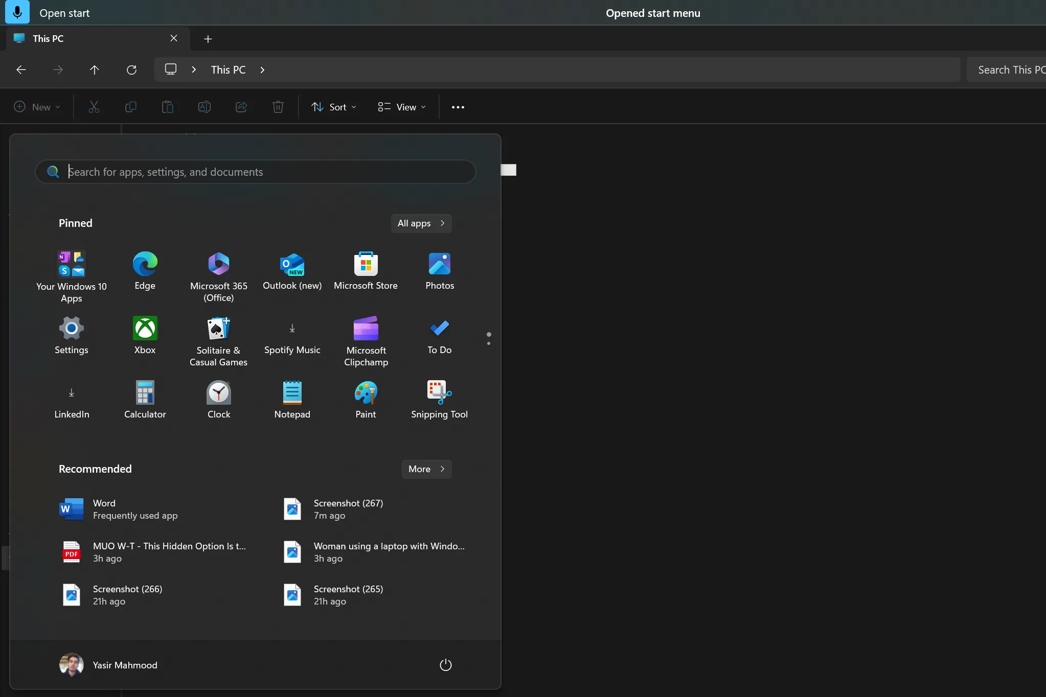 Menu Start của Windows 11 được mở bằng lệnh giọng nói Voice Access.