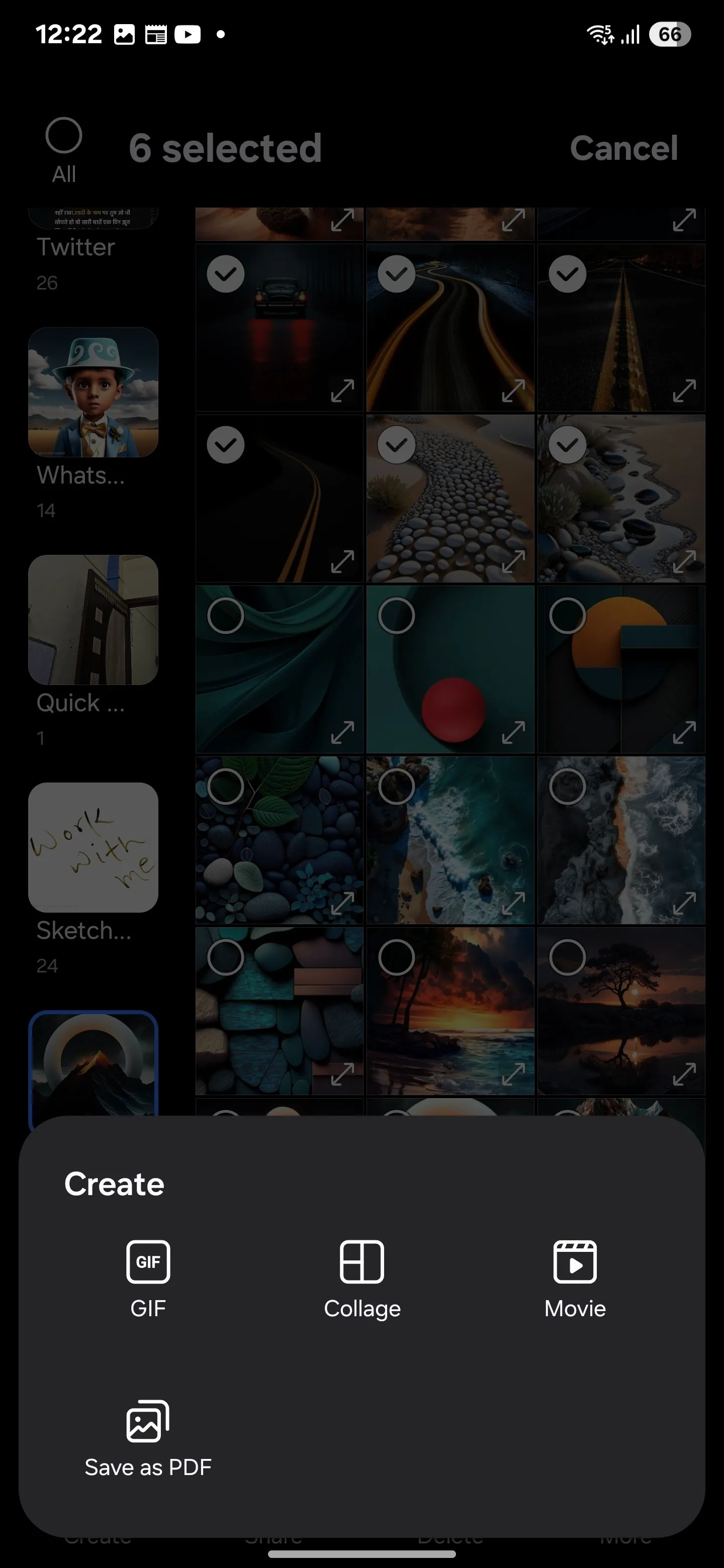 Menu Tạo trong Thư viện Samsung với các tùy chọn GIF, Ghép ảnh, Phim và Lưu dưới dạng PDF