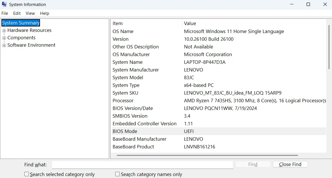 Menu thông tin hệ thống trên Windows