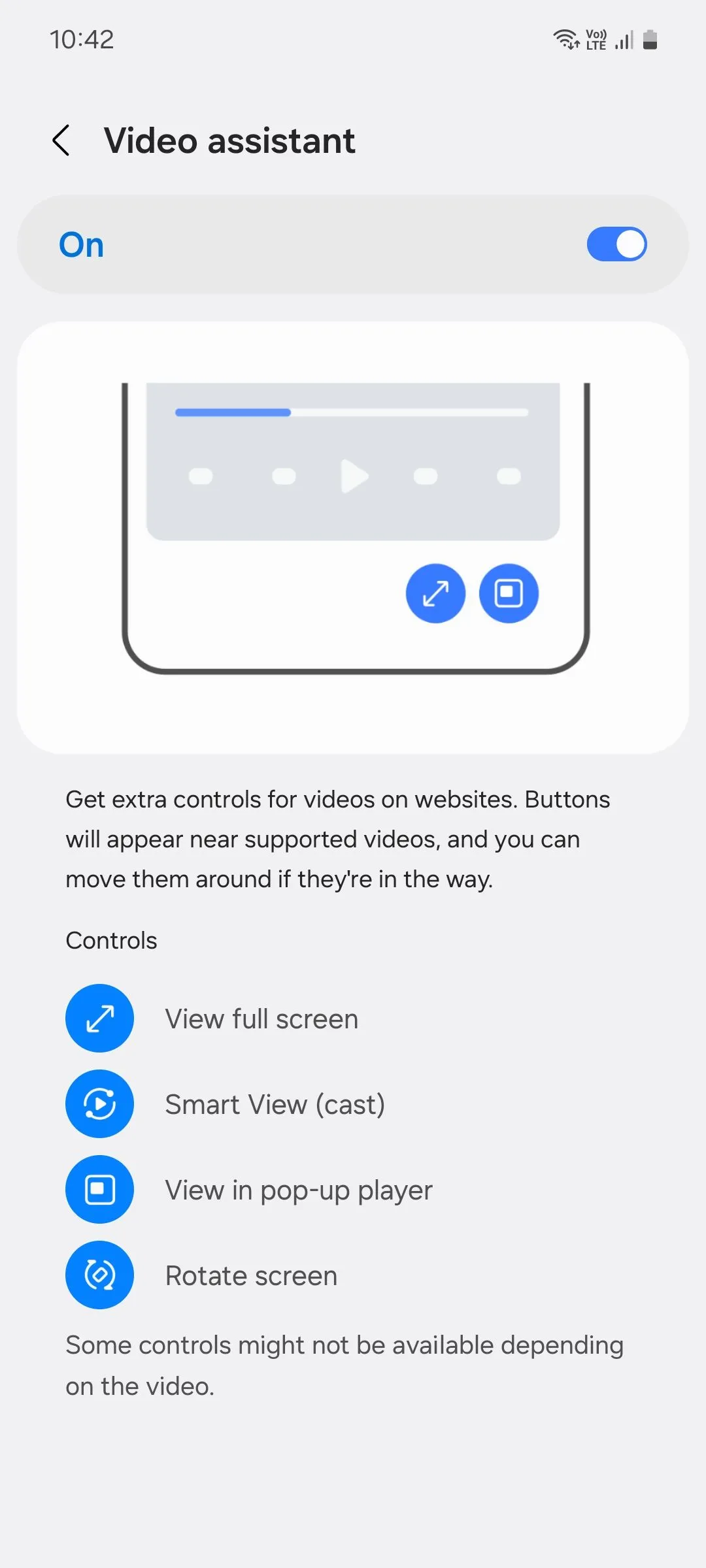 Menu trợ lý video của Samsung Internet hiển thị các tùy chọn phát lại