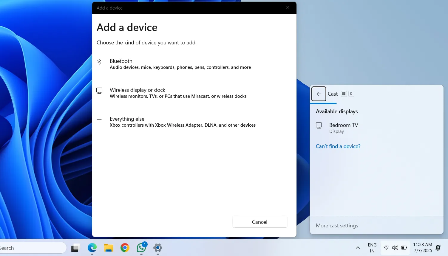 Menu "Truyền" (Cast) trên Windows 11 hiển thị danh sách các thiết bị có thể kết nối không dây