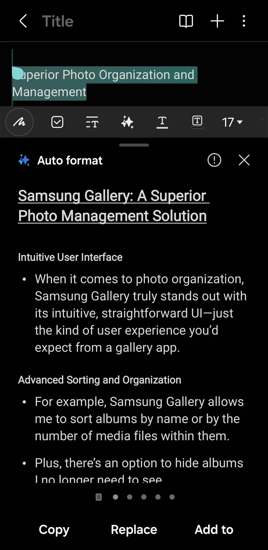 Menu Tự động định dạng trong ứng dụng Samsung Notes với Galaxy AI
