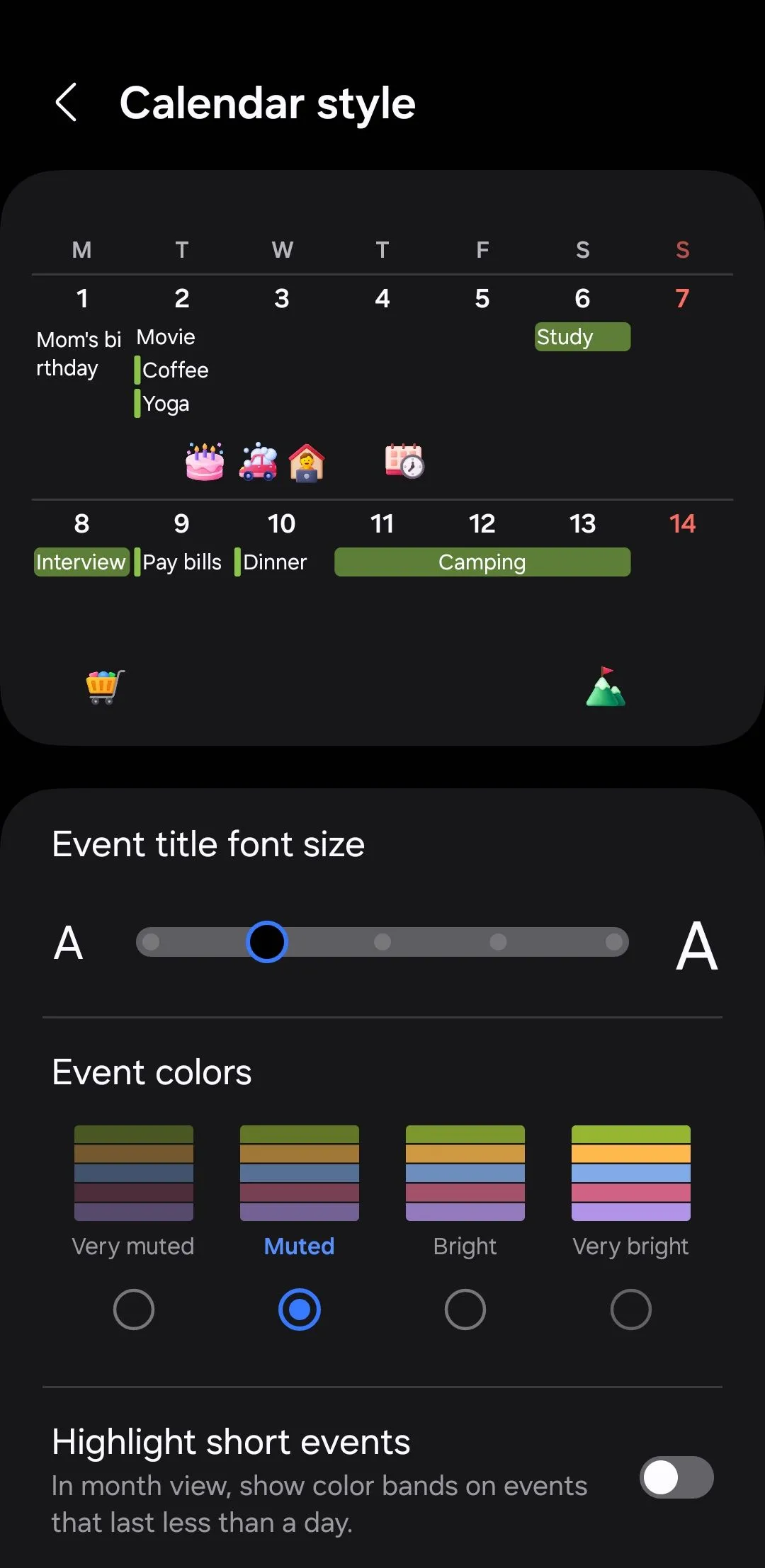 Menu tùy chỉnh kiểu hiển thị lịch trong Samsung Calendar