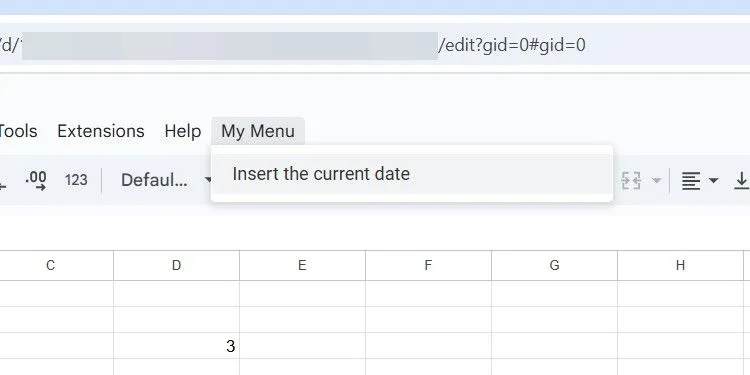 Menu tùy chỉnh "My Menu" và chức năng "Insert Current Date" được tạo bằng Google Apps Script trong Google Sheets.