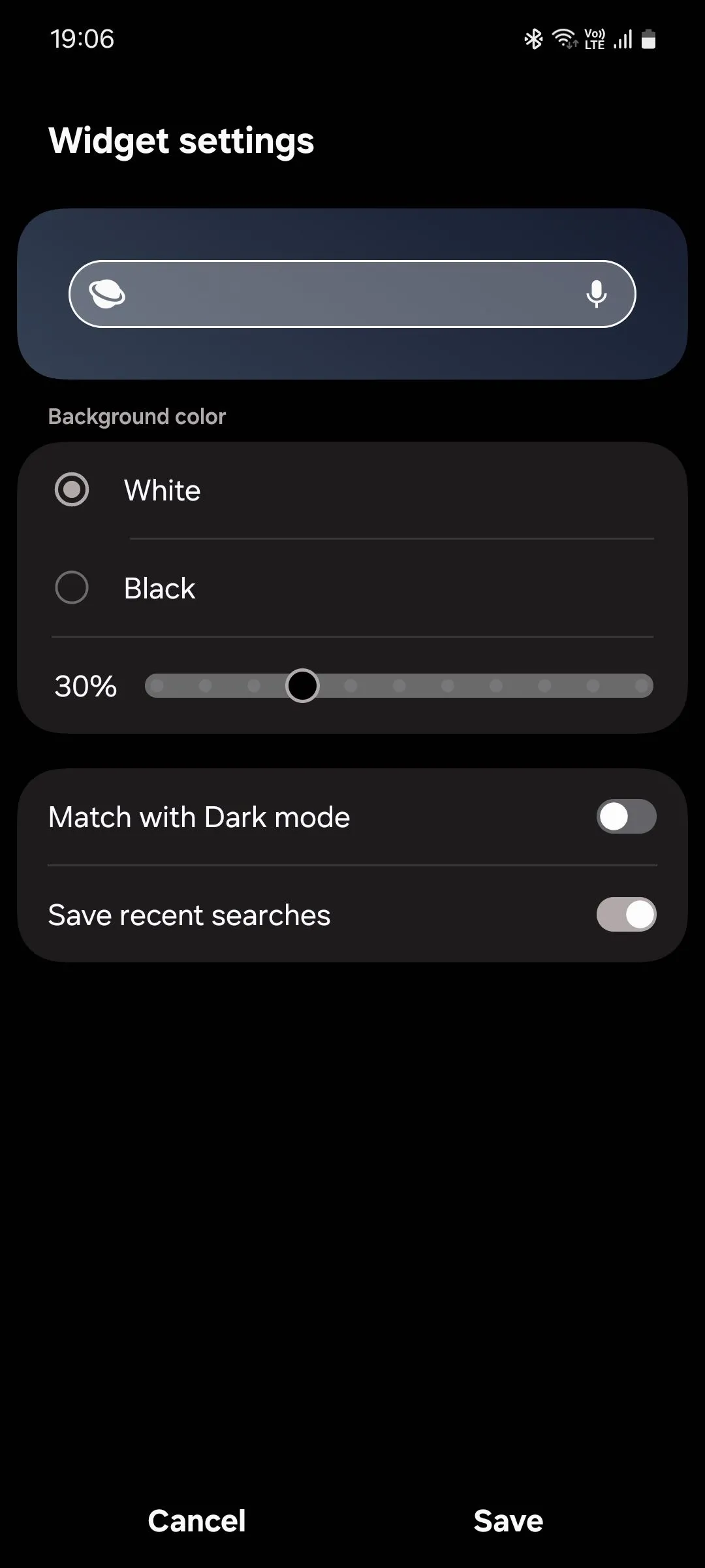 Menu tùy chỉnh widget tìm kiếm Samsung Internet
