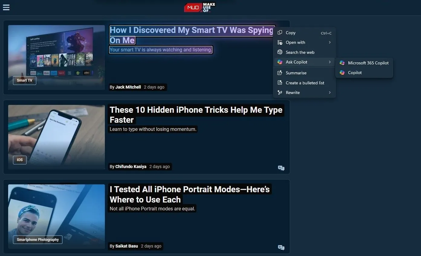 Menu tùy chọn của Click to Do trên Windows 11, hiển thị lựa chọn Ask Copilot và các chức năng khác
