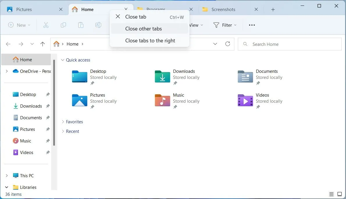Menu tùy chọn đóng các tab trong File Explorer của Windows 11