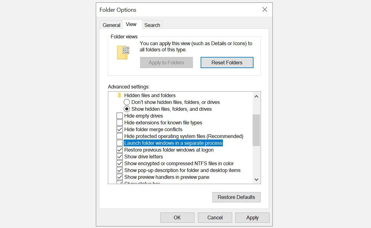Menu Tùy chọn Thư mục trong Windows File Explorer với tùy chọn &quot;Khởi chạy cửa sổ thư mục trong một tiến trình riêng&quot;