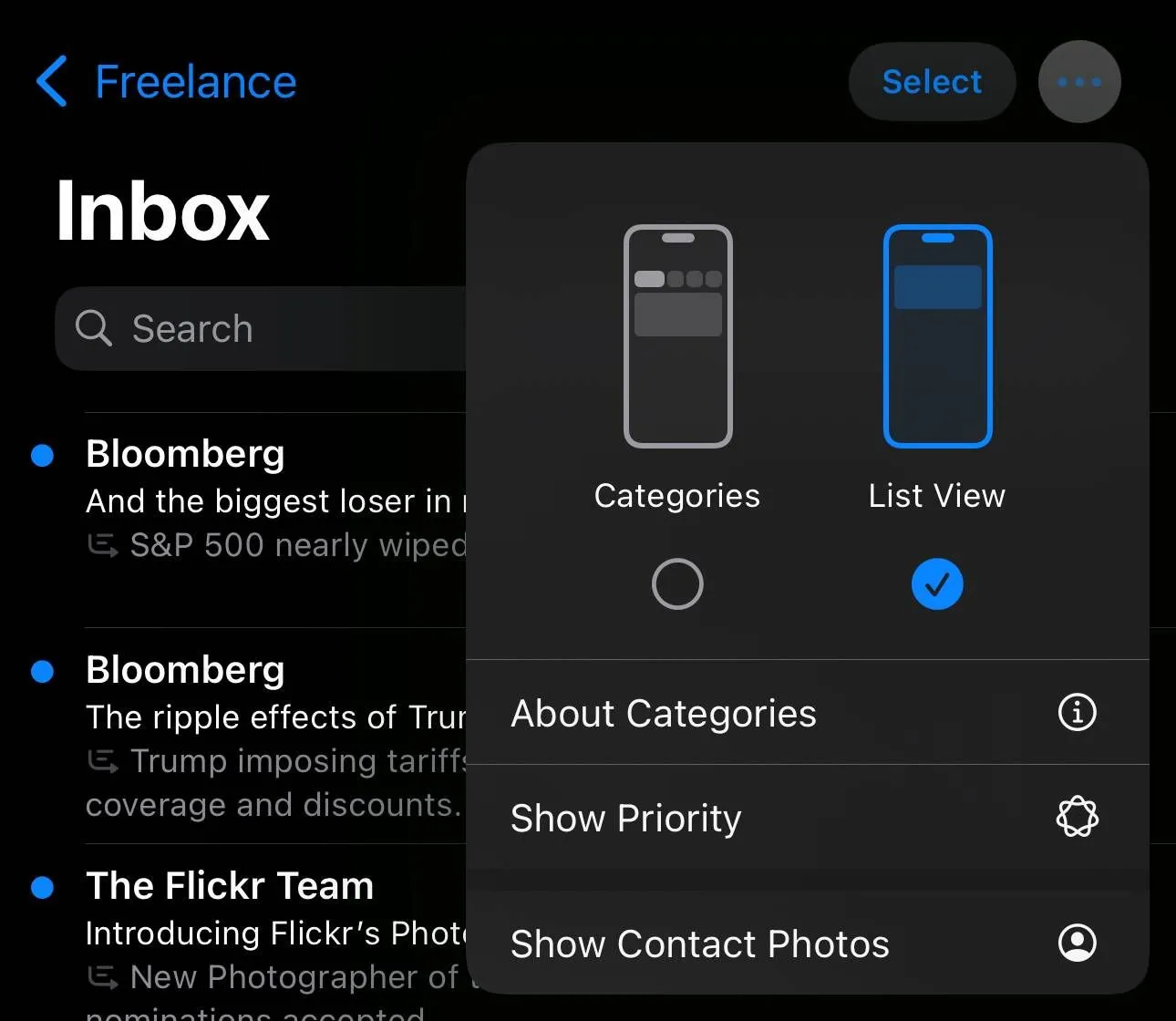 Menu tùy chọn trong ứng dụng Mail của iOS 18.5 beta 1, hiển thị các lựa chọn như Hiển thị ảnh liên hệ và Ưu tiên