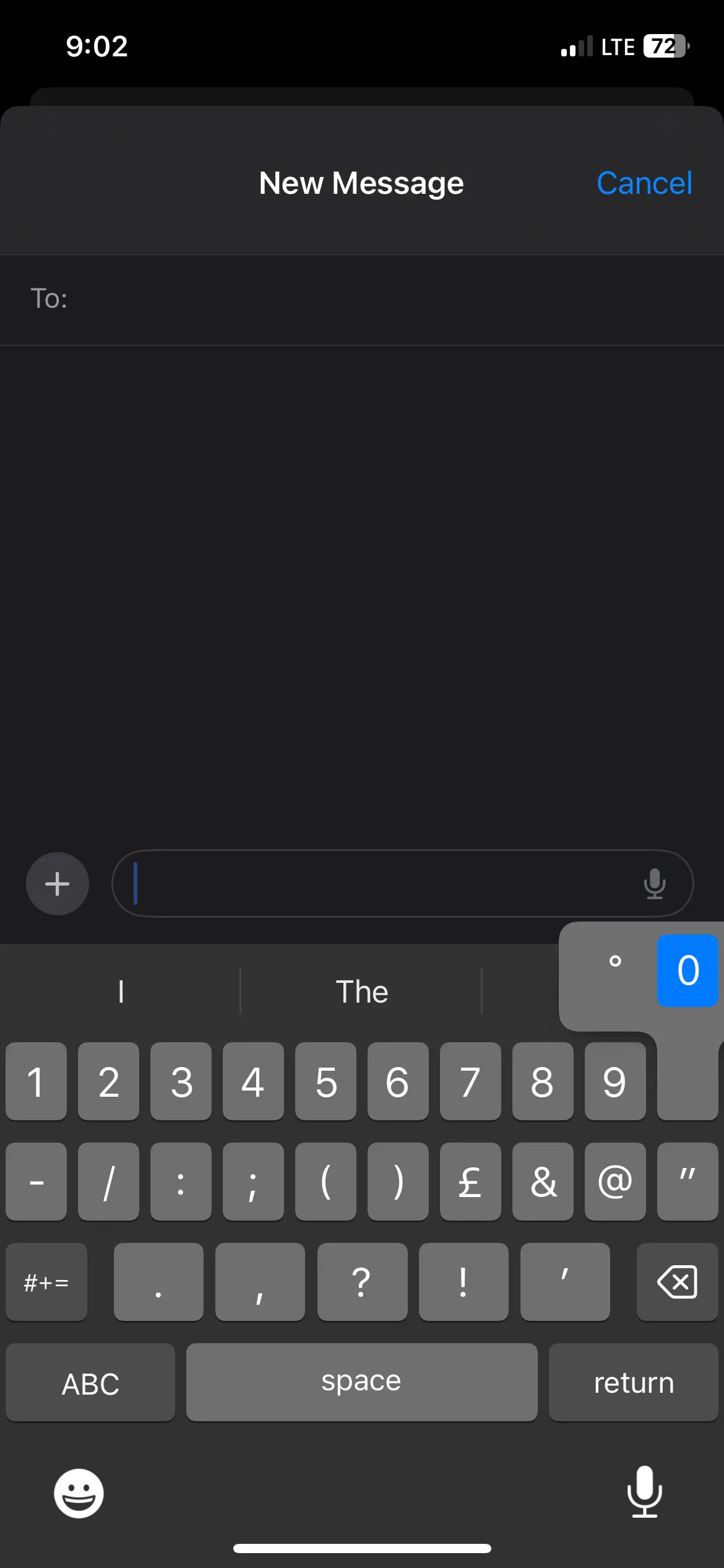 Menu tùy chọn xuất hiện khi giữ phím số 0 trên bàn phím iPhone để chèn ký hiệu độ