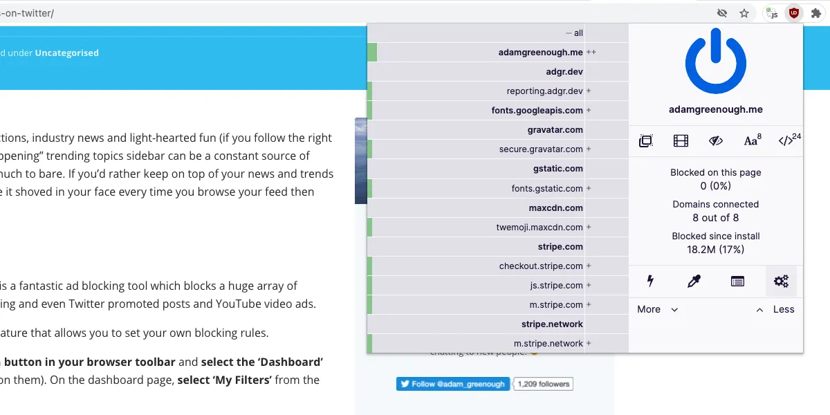 Menu uBlock Origin hiển thị tùy chọn truy cập Dashboard để quản lý chặn quảng cáo.