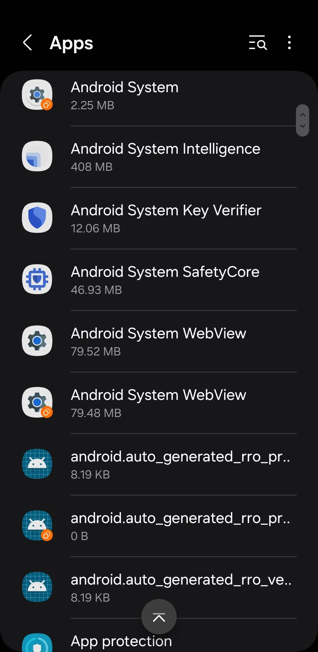 Menu Ứng dụng trên điện thoại Android hiển thị danh sách các ứng dụng hệ thống