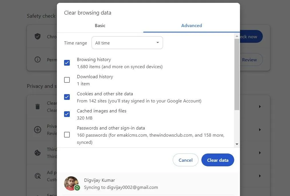 Menu xóa dữ liệu duyệt web trên Google Chrome