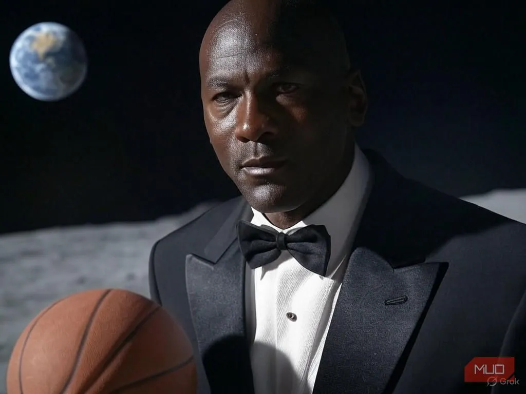 Michael Jordan chơi bóng rổ trên mặt trăng trong bộ tuxedo, được tạo bởi AI