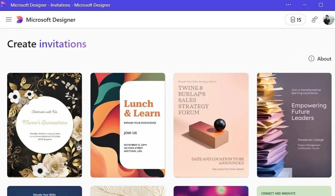 Microsoft Designer hiển thị các mẫu thiệp mời sẵn có để người dùng lựa chọn và tùy chỉnh