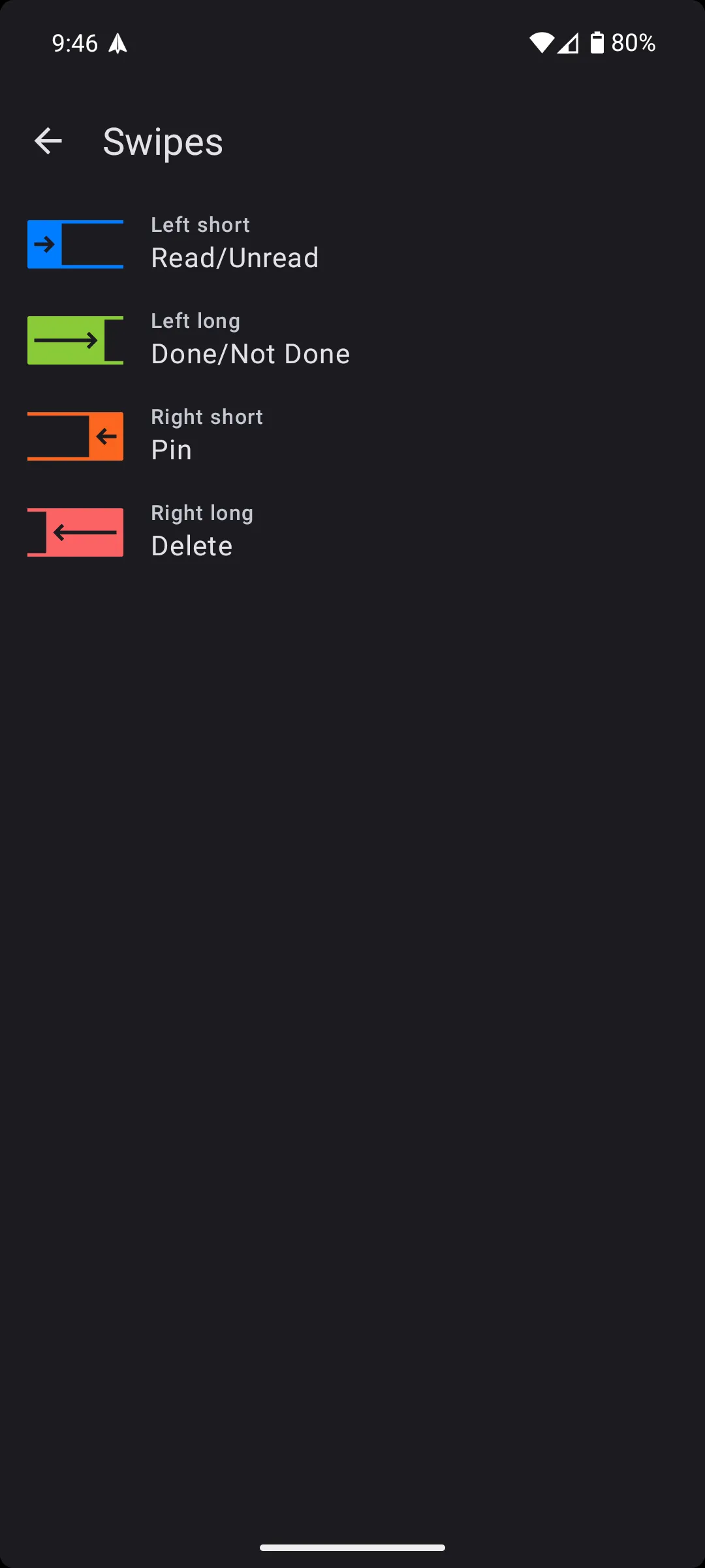 Minh họa các thao tác vuốt tùy chỉnh trên ứng dụng Spark Mail Android, giúp quản lý email nhanh chóng và hiệu quả hơn.