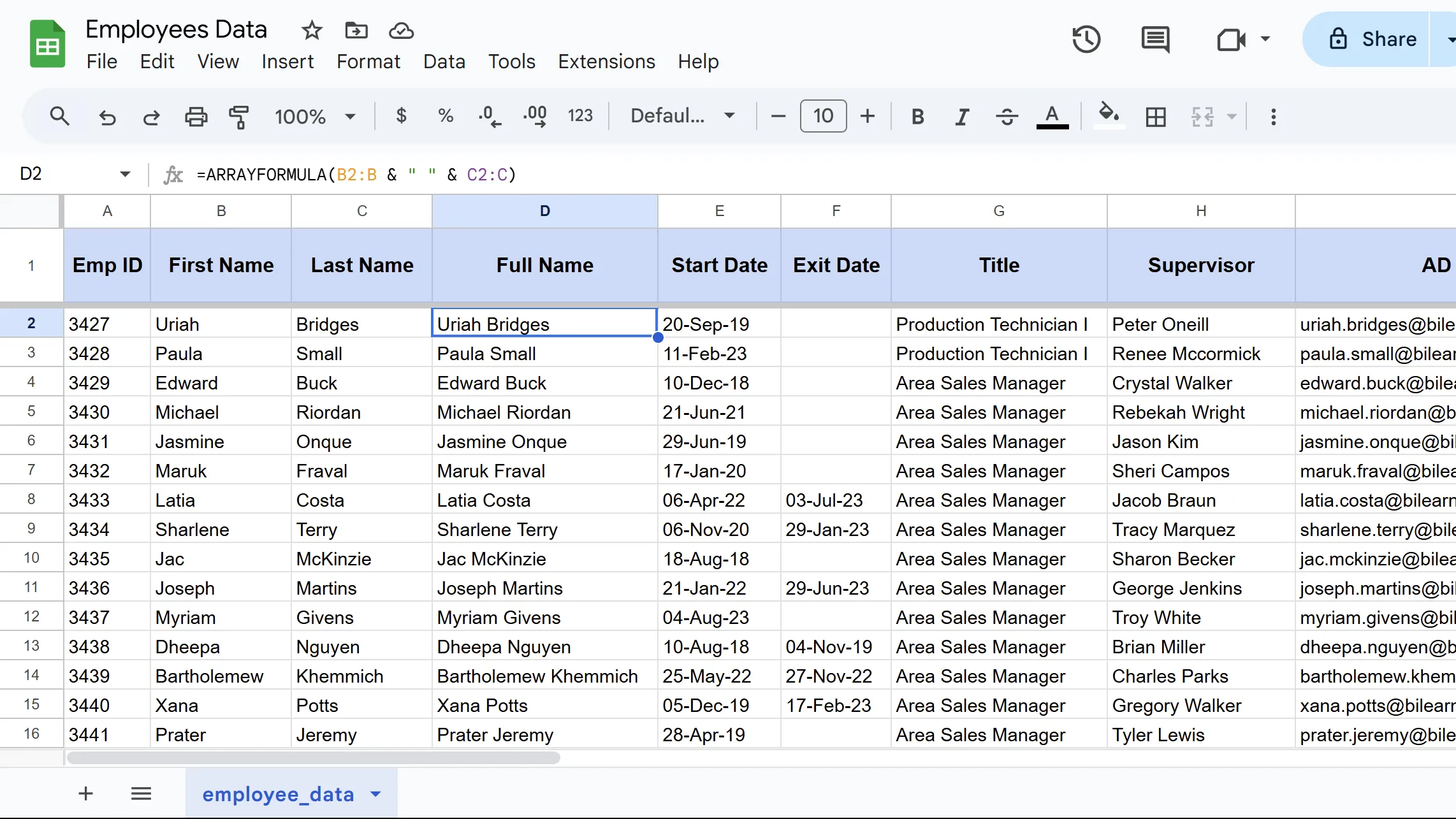 Minh họa hàm ARRAYFORMULA áp dụng công thức cho toàn bộ cột trong Google Sheets