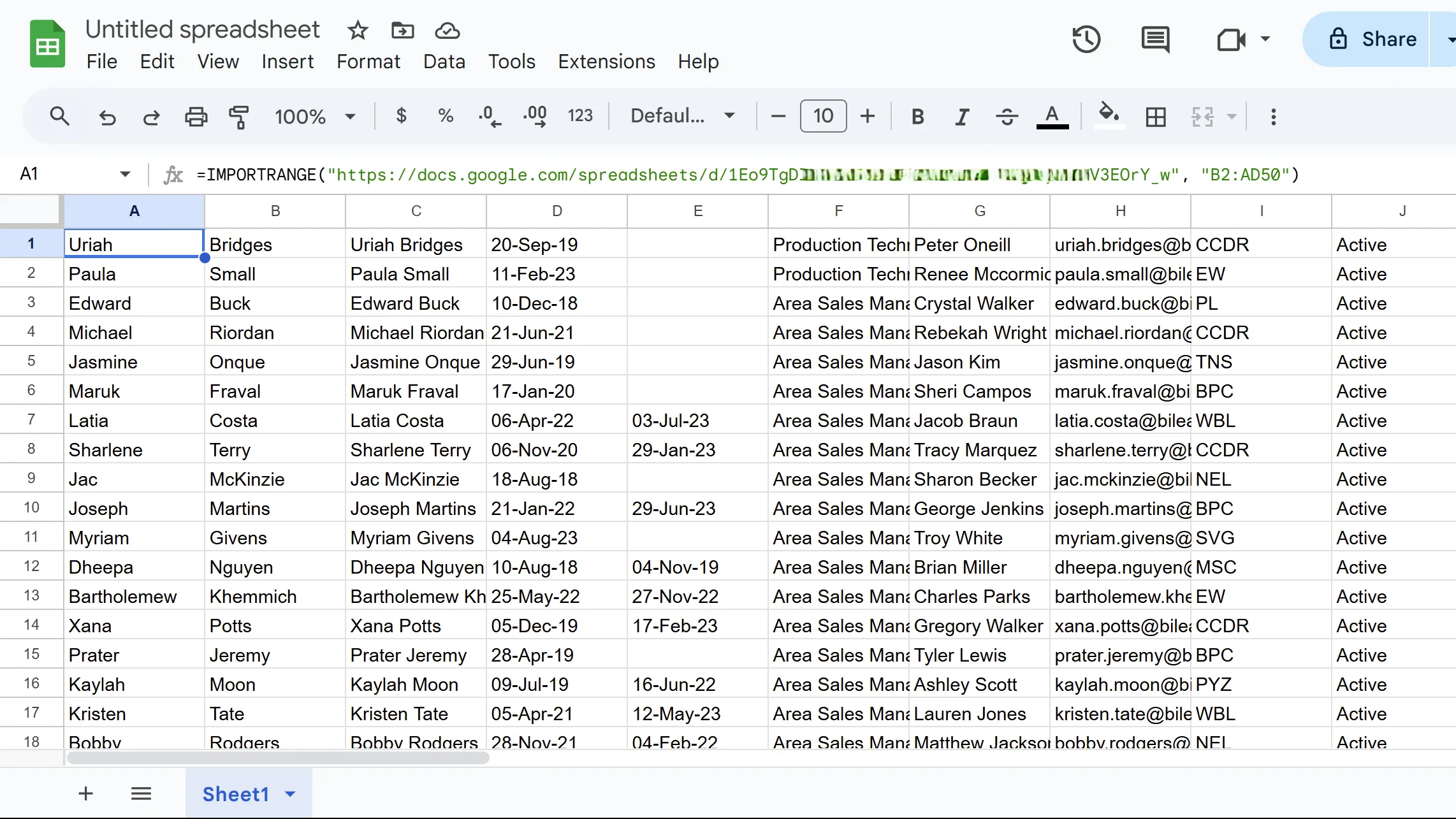 Minh họa kết quả của hàm IMPORTRANGE khi nhập dữ liệu từ tệp Google Sheets khác